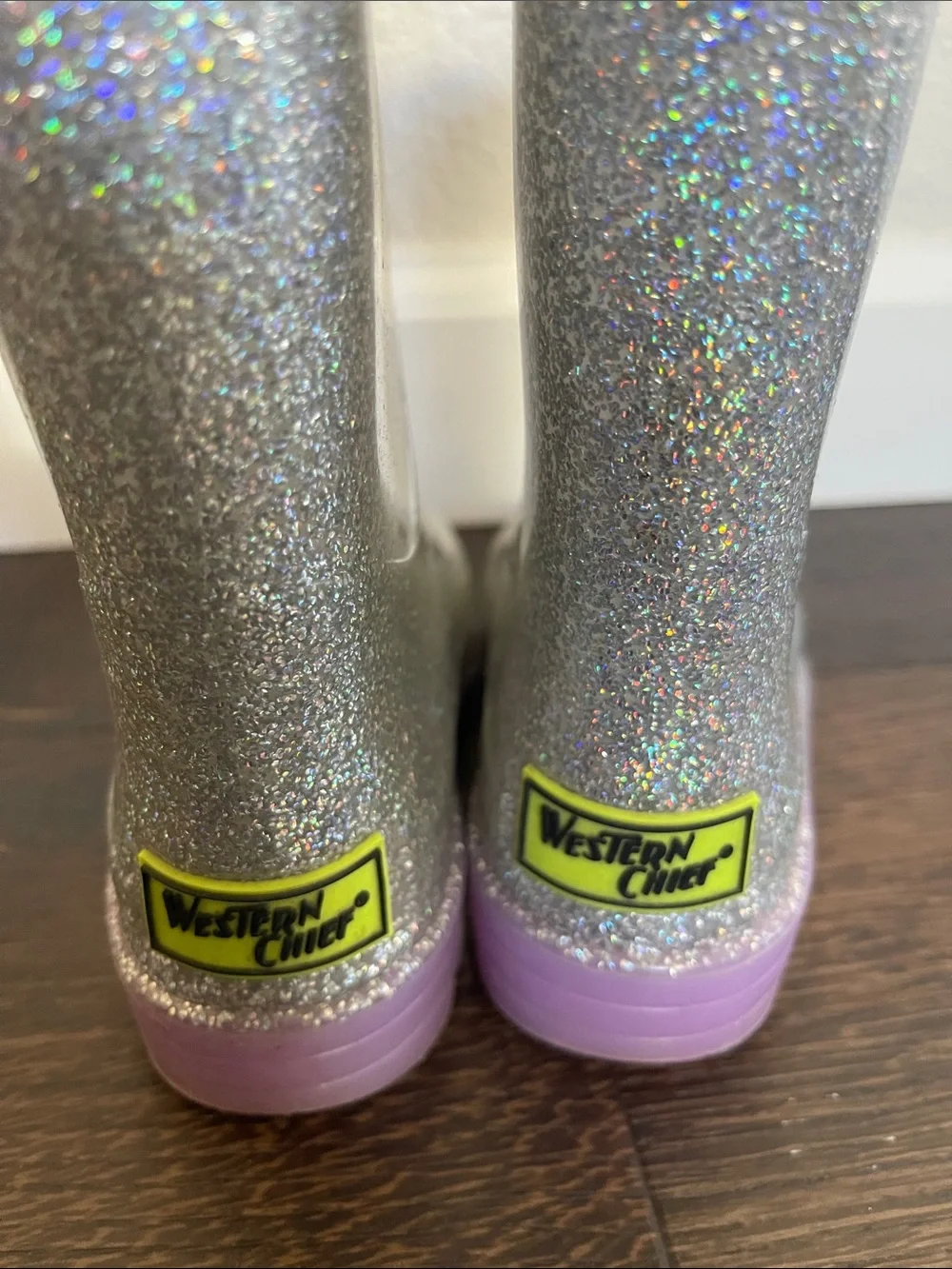 Western Chief Silver Glitter Kids Rain Boots with Pink Pull Tabs size 9 toddler